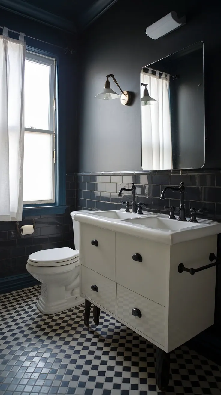 This small but perfectly formed mid-century modern bathroom boasts a dramatic dark color scheme. The white vanity and toilet offer a bright counterpoint to the dark grey walls, creating a visually interesting space. The black and white checkered floor adds a touch of retro charm, while the carefully chosen lighting and window treatment ensure the room feels both inviting and spacious.