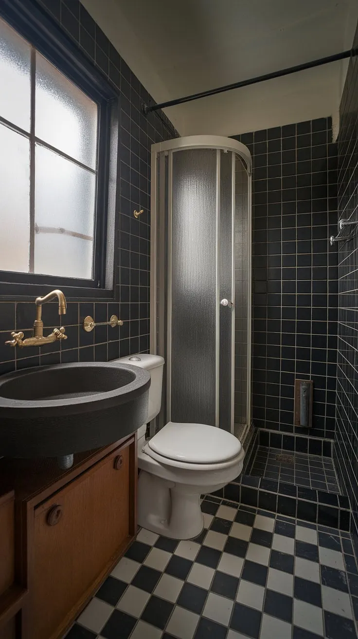 Dark, dramatic, and undeniably chic. This mid-century modern bathroom, with its black and white checkered floor, brass fixtures, and simple wooden vanity, proves that small spaces can be incredibly stylish. The frosted glass window adds a touch of privacy and diffused light, creating a serene atmosphere. A perfect blend of form and function.