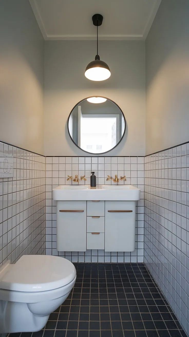 This petite mid-century modern bathroom is a study in understated elegance. The grey walls provide a calming backdrop for the crisp white vanity and bold black and white tiled floor. A simple round mirror and a classic black light fixture complete the look, proving that sometimes less is truly more.