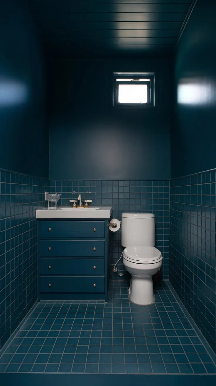 Subtle sophistication meets mid-century modern in this compact bathroom. The deep blue palette, accented by crisp white fixtures, creates a serene and unexpectedly spacious feel. A small window allows natural light to enhance the clean lines and geometric shapes.
