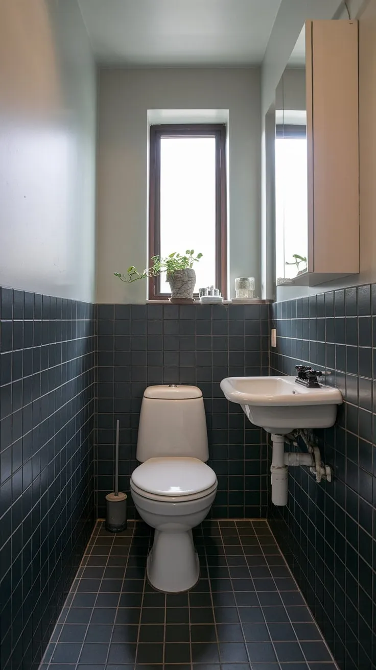 A sanctuary of calm. This compact mid-century bathroom is a masterclass in minimalist design. The dark tiles, paired with the crisp white sanitaryware and a touch of greenery, create a serene and inviting space. A testament to how even the smallest room can be transformed into a personal oasis.