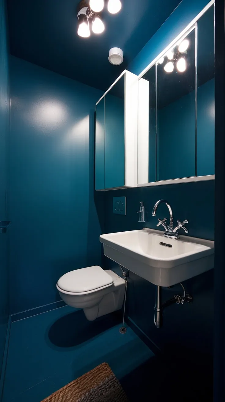 Step into a sanctuary of sophisticated simplicity. This mid-century modern bathroom, with its deep blue hues and gleaming chrome fixtures, offers a tranquil escape. The white accents provide a perfect contrast, creating a space that's both stylish and serene. A small, plush rug adds a touch of warmth underfoot.
