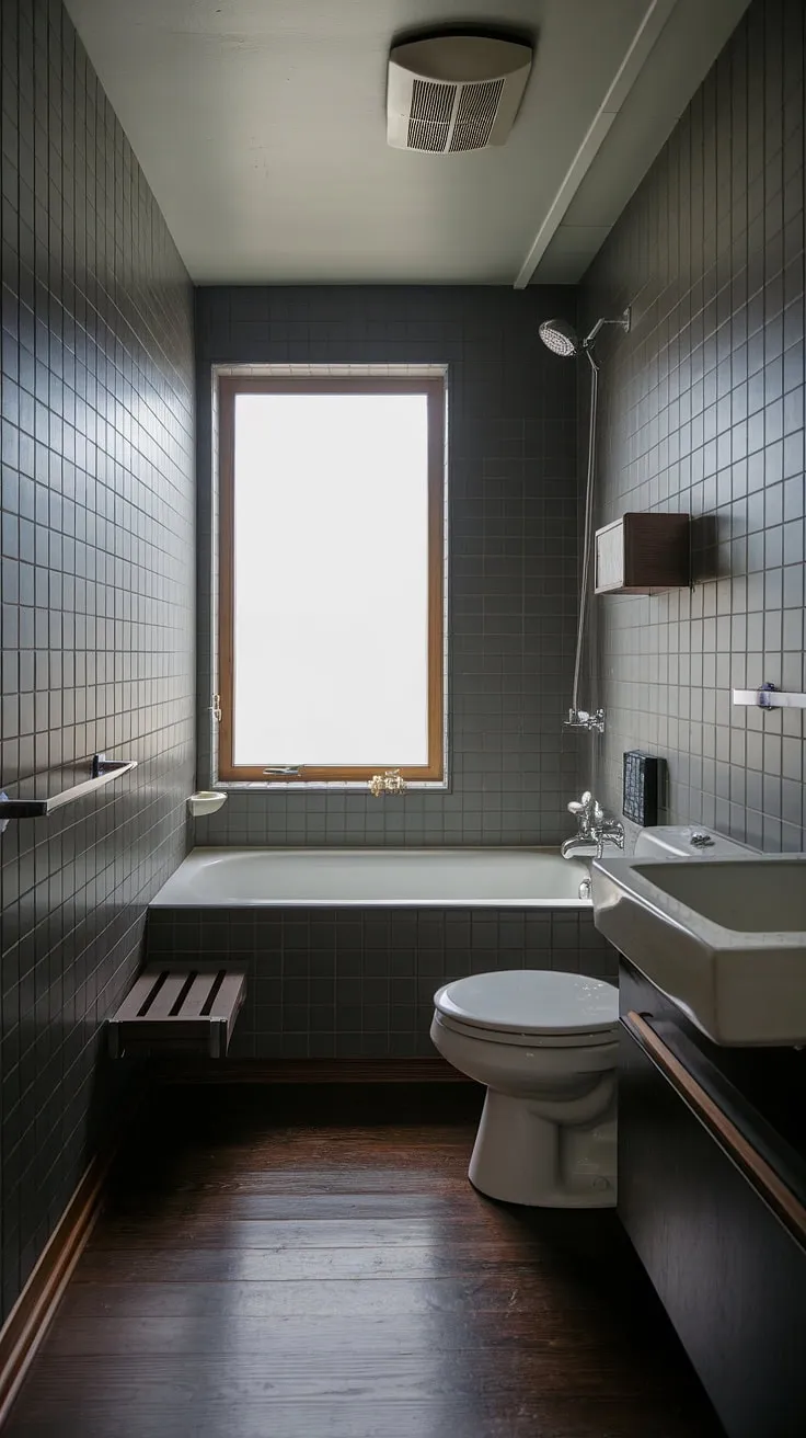 This moody, mid-century bathroom, though small in size, maximizes style and functionality. The dark gray walls and wood floor create a dramatic backdrop, while the strategically placed window bathes the bathtub in natural light, making it a truly a relaxing retreat.
