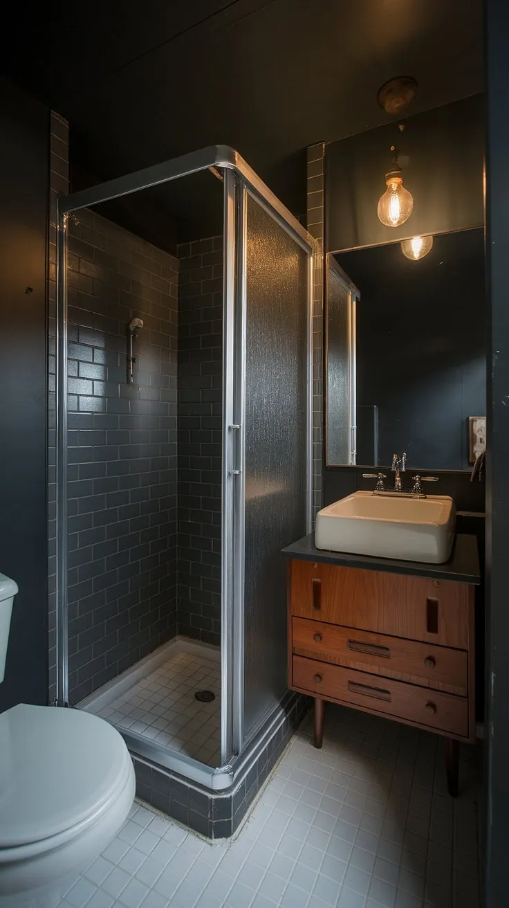 Dark grey walls and a vintage light fixture create a moody, mid-century modern atmosphere in this compact bathroom. The sleek glass shower and simple wooden vanity offer a sophisticated contrast, proving that even a small space can be a sanctuary. A perfect blend of form and function.