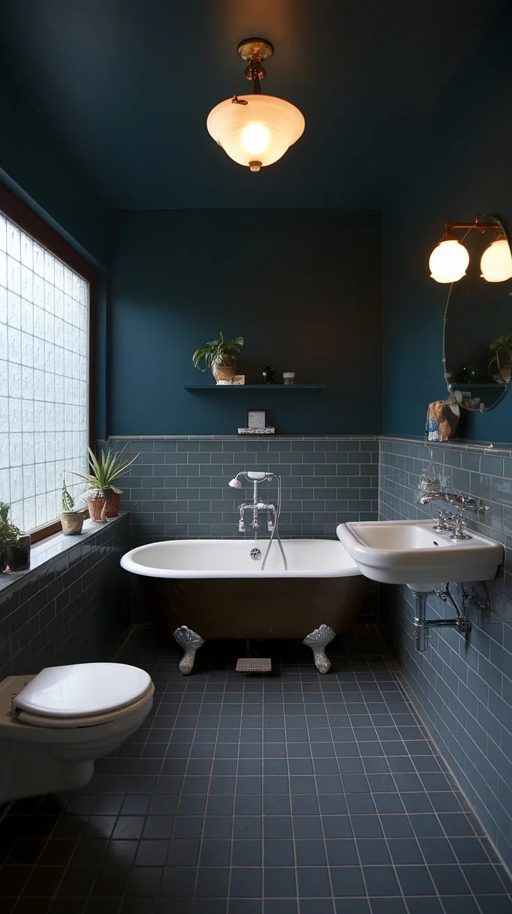 Indulge in the sophisticated serenity of this mid-century modern bathroom. The deep blue walls, dark gray tiles, and vintage fixtures create a sanctuary of calm, perfectly complemented by the natural light filtering through the patterned glass window. A touch of greenery adds a vibrant contrast to the dark, moody palette.