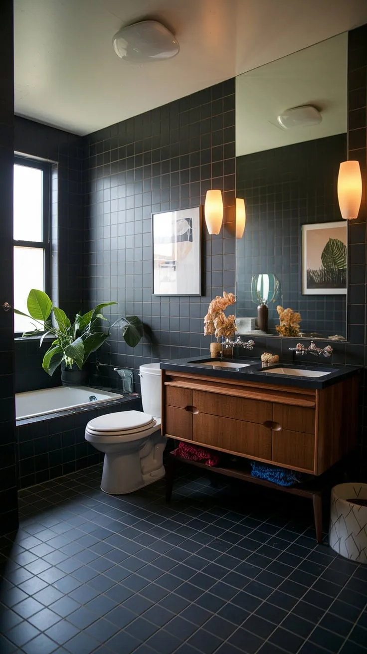 A perfectly curated mid-century modern bathroom. The dark tiles create a dramatic backdrop for the sleek wooden vanity, showcasing a masterful blend of textures and tones. A small footprint doesn't mean compromising on style; this space is a testament to thoughtful design and the power of a cohesive aesthetic. A true gem.