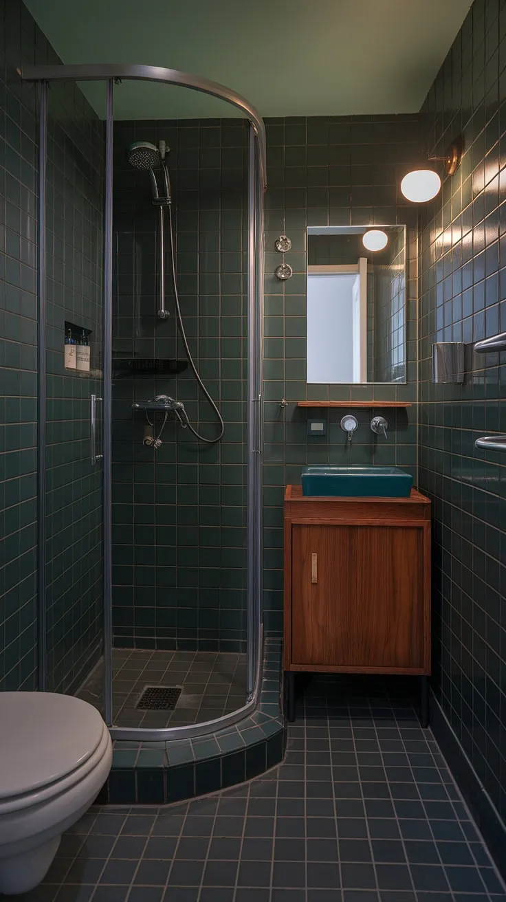 Dark green tiles and sleek lines create a sophisticated sanctuary in this compact mid-century modern bathroom. The minimalist design maximizes space while maintaining a luxurious feel, proving that even a small bathroom can be a stylish retreat.