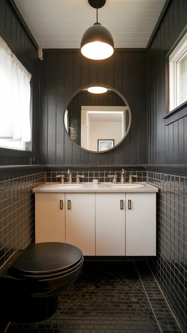 A study in contrasts: dark fixtures and a black toilet offset the bright white vanity and cheerful window in this charming mid-century bathroom. The clever use of wood paneling and black and white tiles adds depth and personality to this small but perfectly formed space.