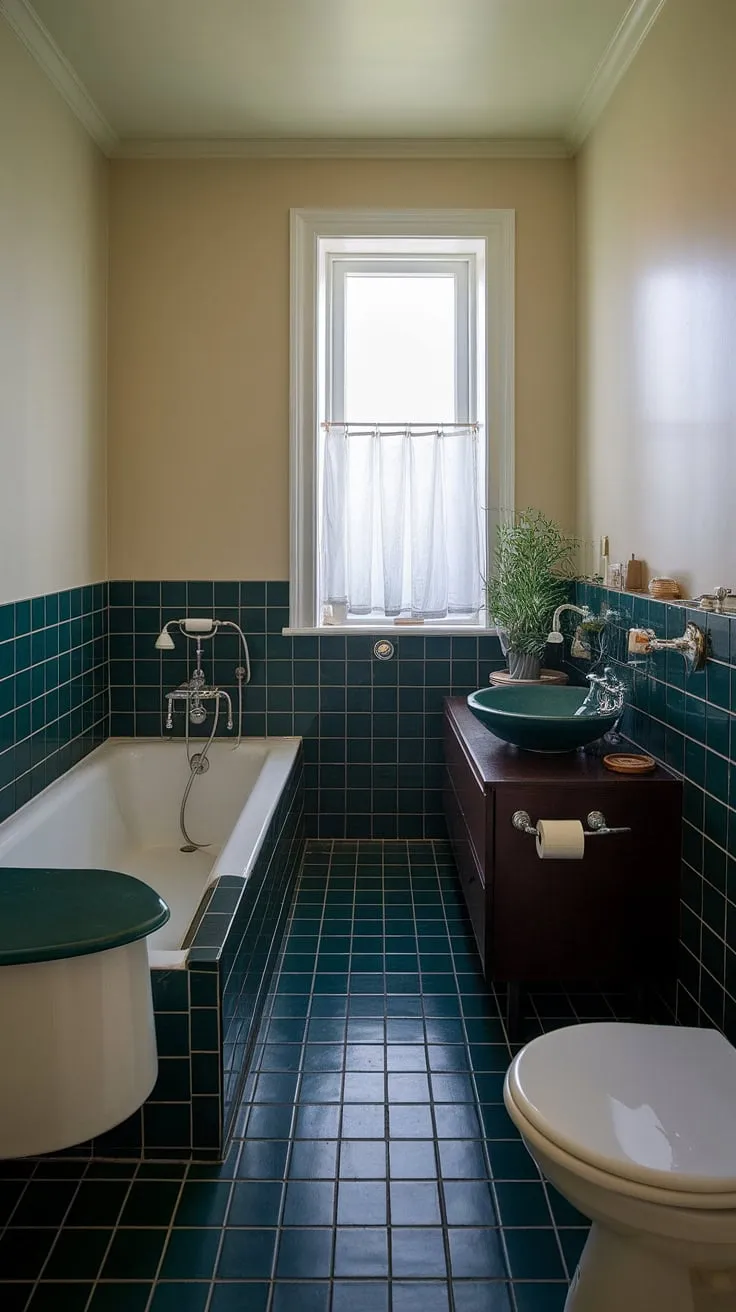 A perfectly curated space: this mid-century modern bathroom balances dark, moody tones with pops of white and a cheerful plant. The attention to detail, from the checkered floor to the carefully chosen fixtures, makes it a haven of calm and understated elegance.