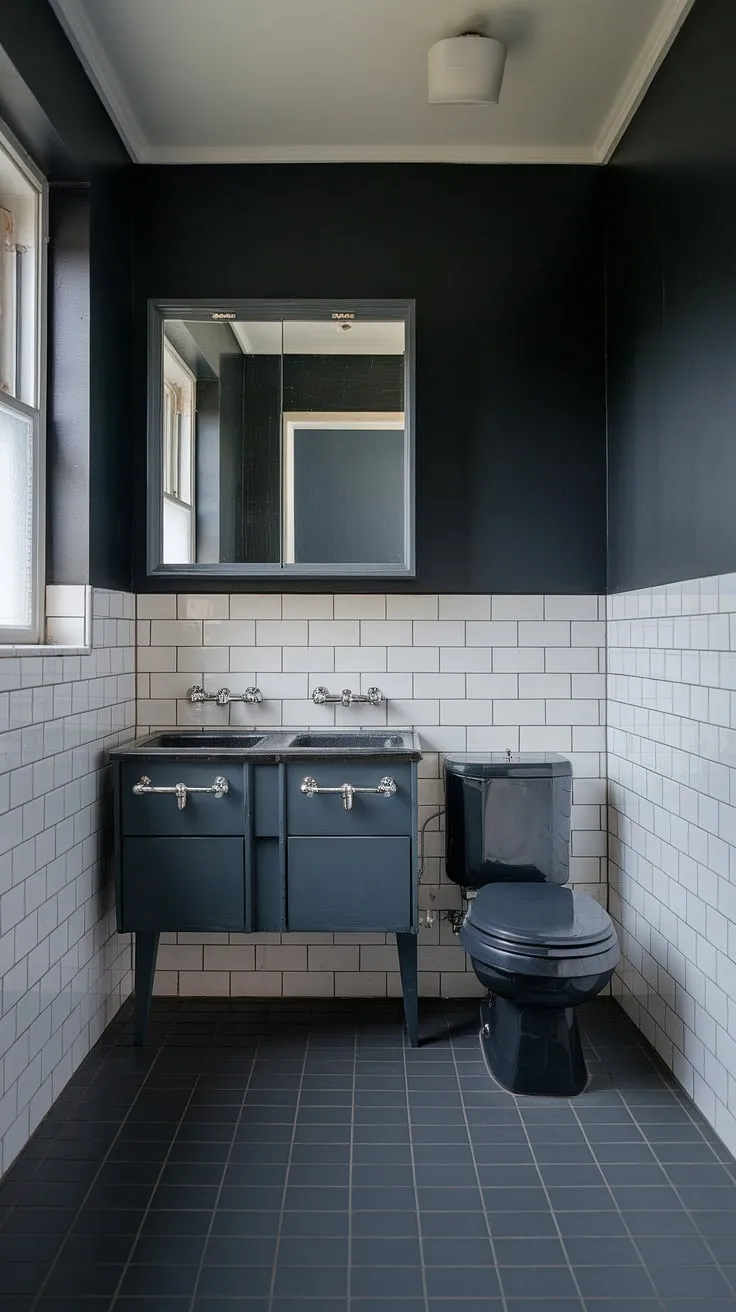 Subtle sophistication reigns in this mid-century modern bathroom. The dark gray palette, punctuated by the crisp white trim and natural light from the window, creates a sanctuary of understated elegance. A perfect blend of form and function, this space proves that less can truly be more.
