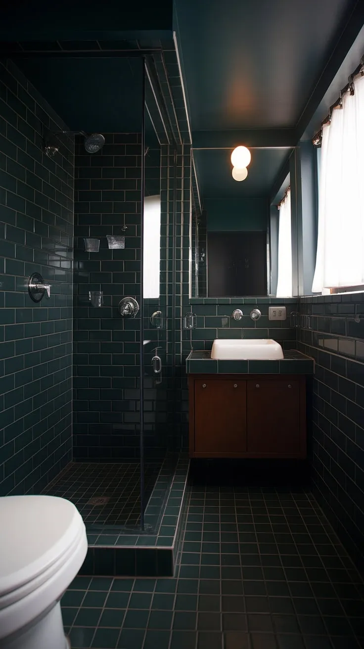 A compact haven of sophisticated style. This mid-century inspired bathroom showcases the beauty of a limited palette. The dark tones of the tiles and cabinetry are elegantly offset by the white sink and the soft light filtering through the window, creating a serene and luxurious atmosphere. A perfect example of how thoughtful design can maximize impact in a small space.
