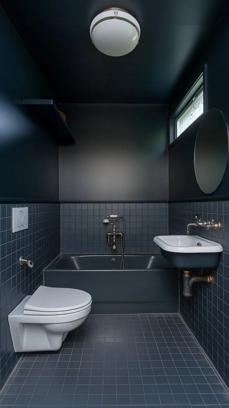 This moody, mid-century inspired bathroom proves that small can be stunning. The dark gray walls and floor, paired with sleek fixtures, create a luxurious and unexpectedly airy atmosphere. A perfect example of how to make a statement with minimalist design.