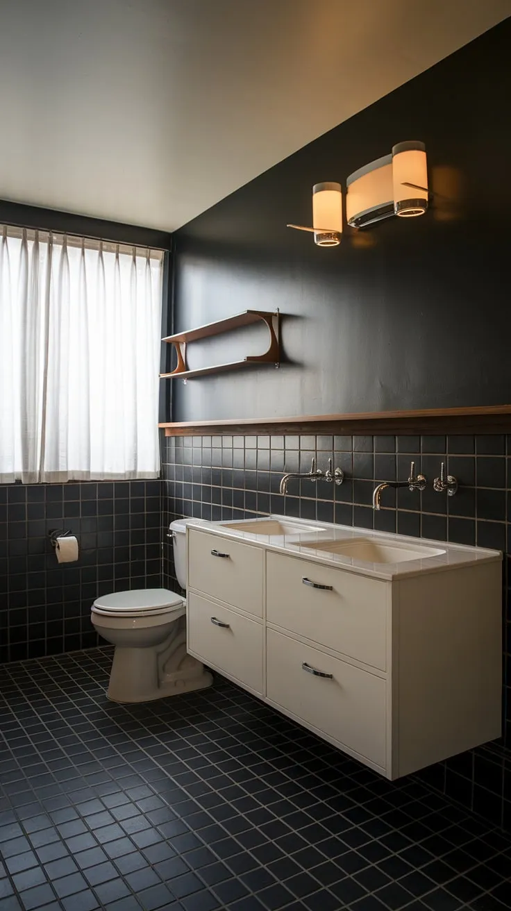 This sophisticated bathroom effortlessly blends classic mid-century design with a contemporary dark palette. The clean lines of the double vanity and wall-mounted fixtures are beautifully complemented by the black and white checkered floor, creating a space that is both elegant and inviting.