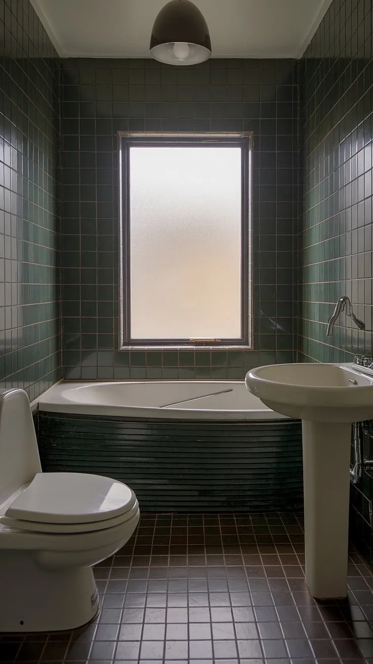A sophisticated retreat awaits. This mid-century modern bathroom, with its dark tile and curved lines, is a testament to understated elegance. The combination of dark green and white creates a calming atmosphere, while the frosted window adds a touch of privacy. A perfect example of how thoughtful design can transform a space.