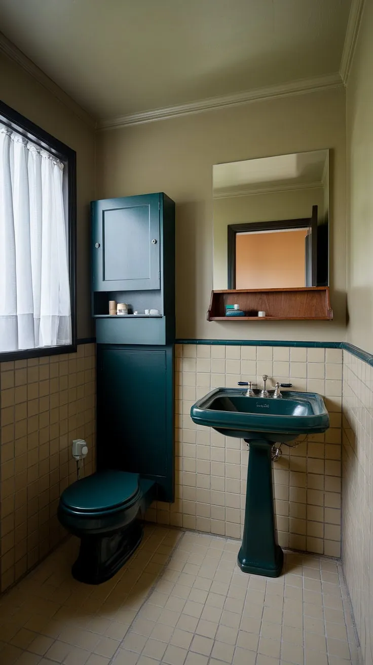 Small space, big style. This mid-century modern bathroom, with its dark green accents and beige tile, proves that even a compact room can be a sanctuary. The carefully curated details, from the wooden shelf to the dark green cabinet, create a sense of calm and sophistication. A perfect example of how thoughtful design can maximize impact.