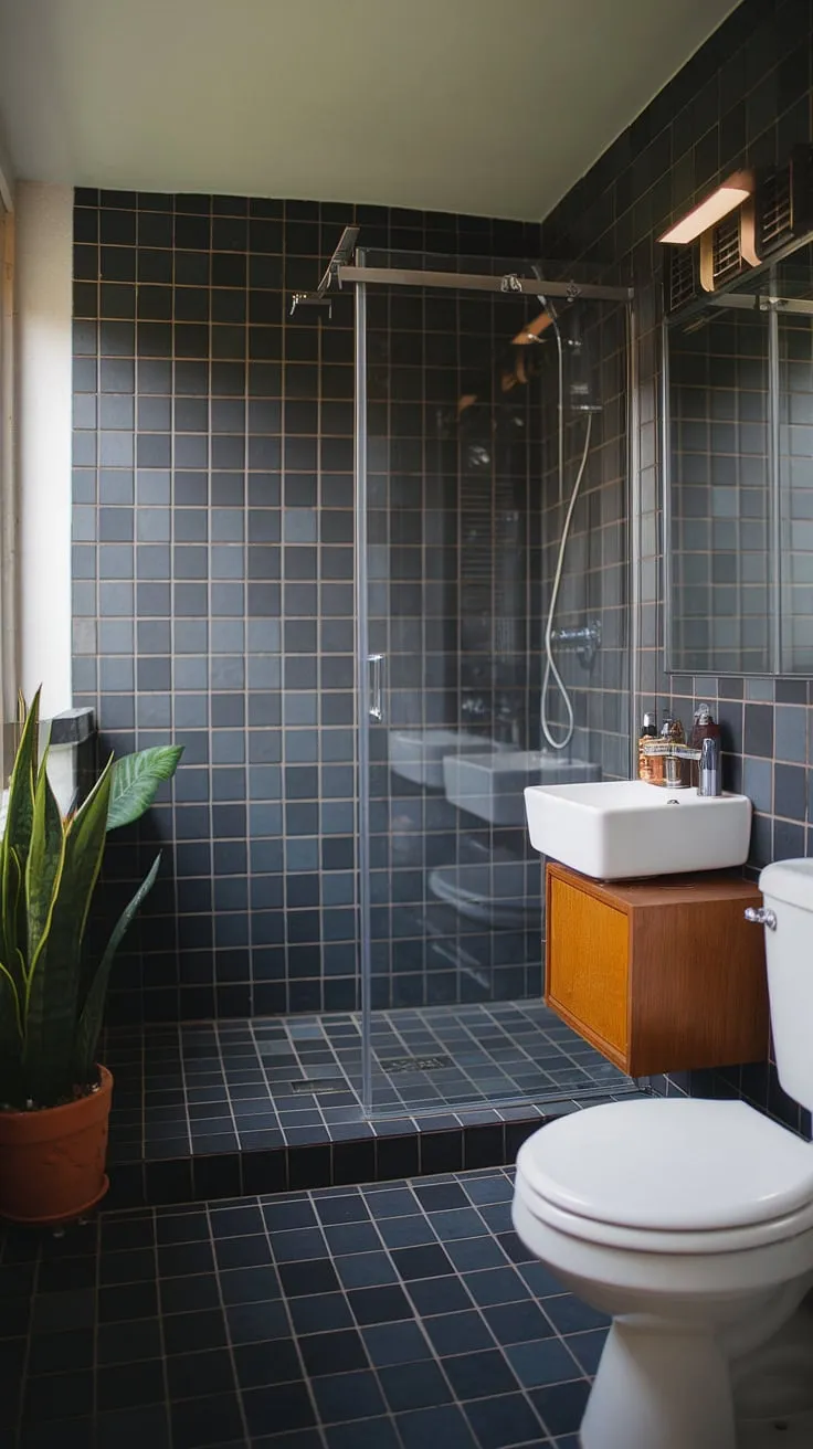 Dark grey and black tiles create a sophisticated, mid-century modern sanctuary in this compact bathroom. The natural light streaming through the window, complemented by modern lighting, illuminates the sleek shower and wooden vanity, showcasing the thoughtful design and efficient use of space. A touch of greenery adds a calming element.