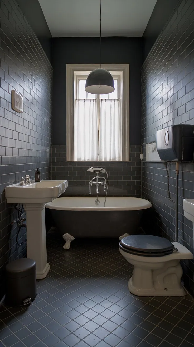 This small bathroom proves that less is more. The dark color palette, complemented by the herringbone tile and vintage-inspired fixtures, creates a surprisingly spacious and luxurious feel. A testament to the enduring appeal of mid-century modern design.