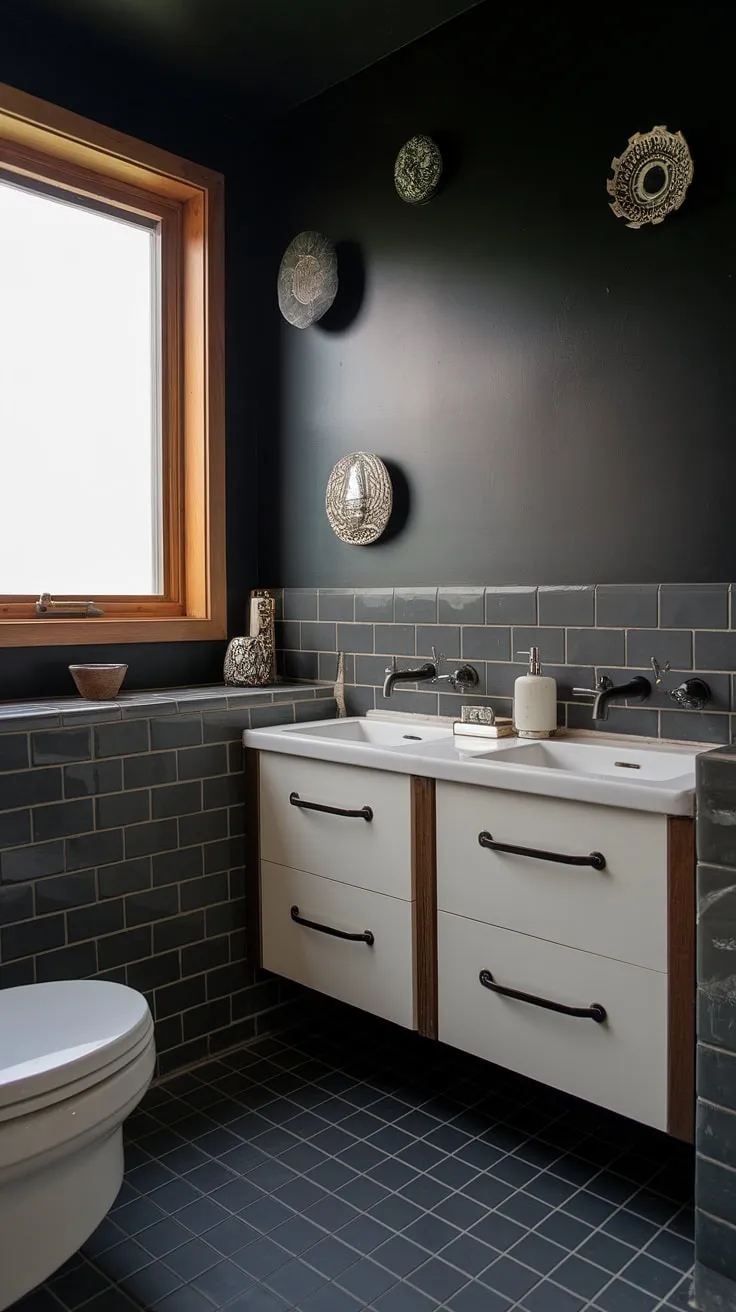 Dark drama meets mid-century charm in this compact bathroom. The sleek black hardware and dark gray tiles create a sophisticated atmosphere, while the white vanity and natural wood window frame add warmth and a touch of classic elegance. A perfect blend of style and functionality.