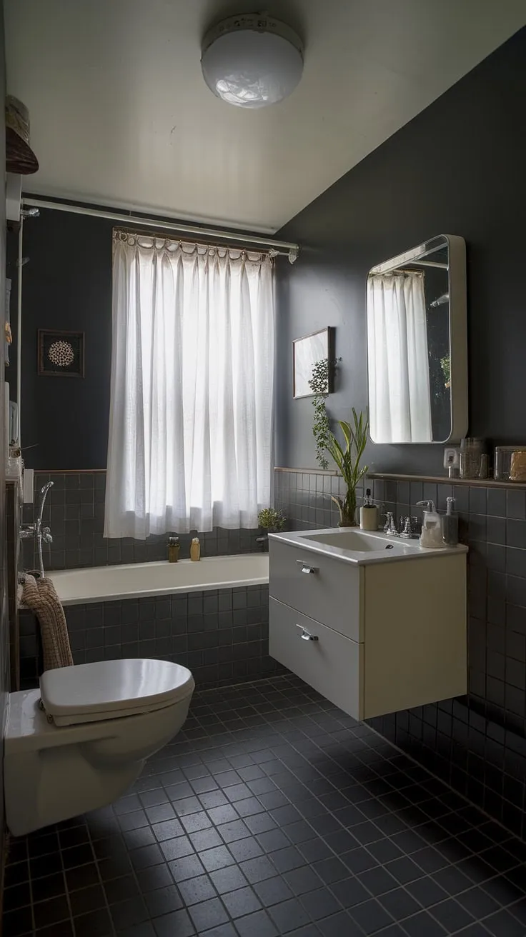 A minimalist's dream: This compact bathroom boasts a sophisticated dark color palette, punctuated by clean white lines and a touch of greenery. The carefully curated accessories and ample natural light filtering through the window create a surprisingly spacious and inviting atmosphere. A testament to the power of thoughtful design in a small space.