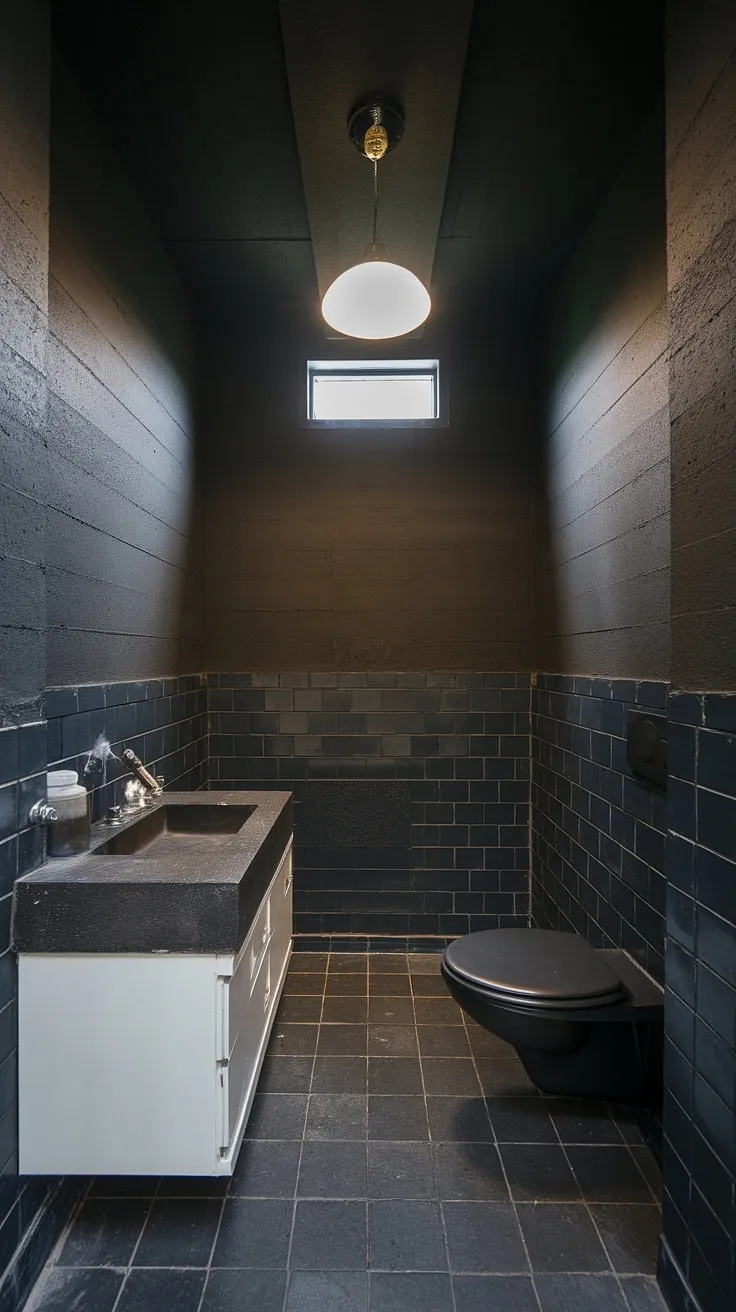 Dark grey concrete walls and a minimalist design define this compact yet stylish bathroom. A single, strategically placed light fixture illuminates the white sink and cabinet, creating a striking contrast against the dark tones. The small window high on the wall allows for natural light, while maintaining the intimate feel of this cleverly designed space.
