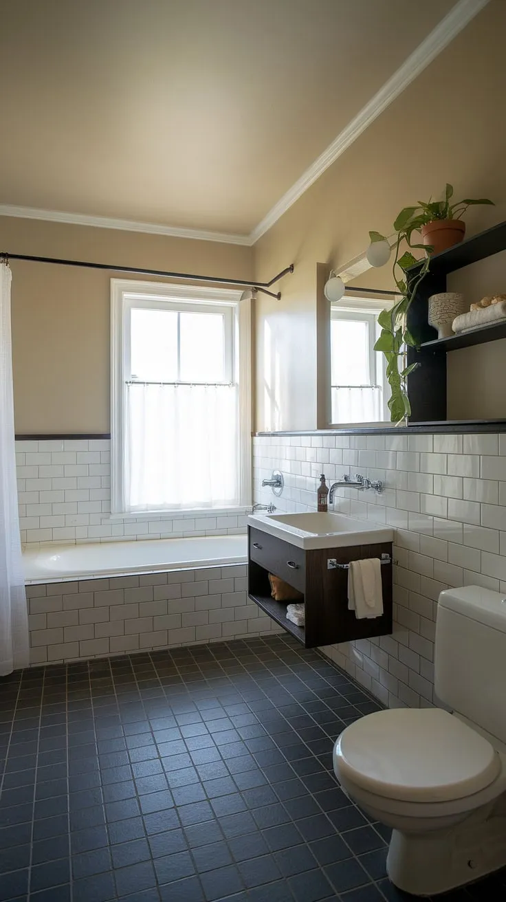 A serene escape, this mid-century modern bathroom boasts a sophisticated blend of dark wood accents and crisp white fixtures. The dark gray tiles and subtle beige walls create a calming atmosphere, while the potted plant adds a touch of nature to this perfectly curated space.