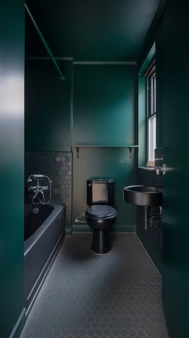 Step into a sanctuary of sophisticated simplicity. This mid-century modern bathroom, with its deep forest green walls and matte black fixtures, proves that even a small space can exude luxurious style. The hexagonal tiles and blackout curtains complete the mood. A perfect blend of form and function.