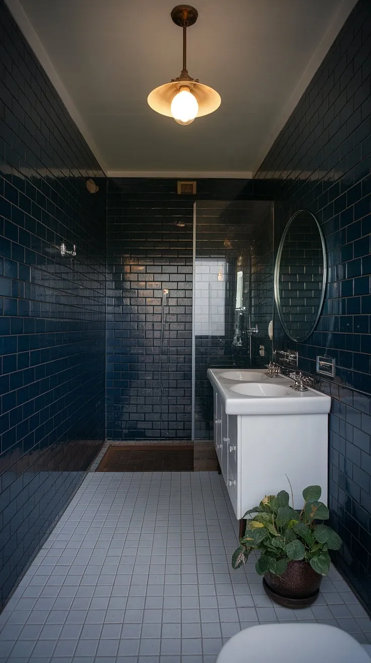 Step into a sanctuary of sophisticated style. This mid-century modern bathroom, with its deep blue tiles and crisp white accents, offers a tranquil escape. The vintage lighting and thoughtful details create a space that's both timeless and utterly inviting. A perfect blend of old-world charm and modern functionality.