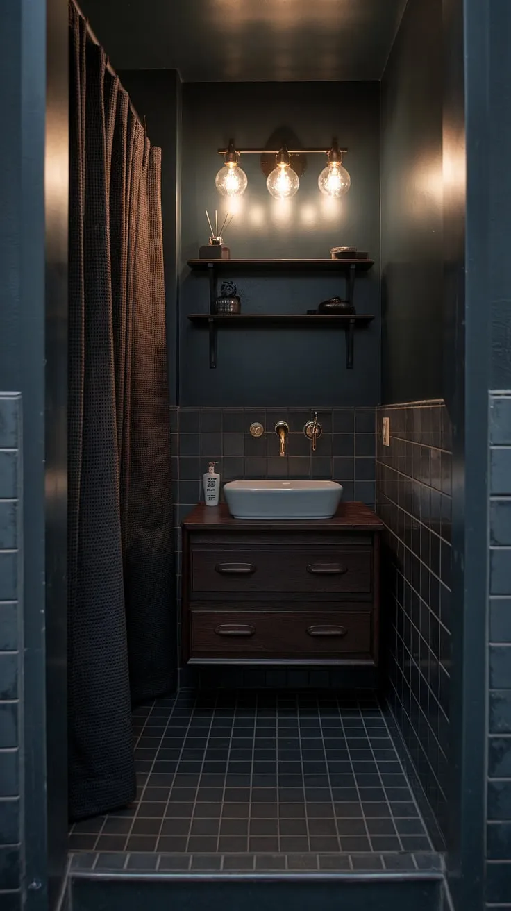 Dark, dramatic, and undeniably chic. This mid-century modern bathroom showcases the power of a cohesive color palette. The dark gray tiles and rich wood tones create a sense of understated luxury, while the strategically placed lighting and decorative accents add warmth and personality. A testament to timeless design.