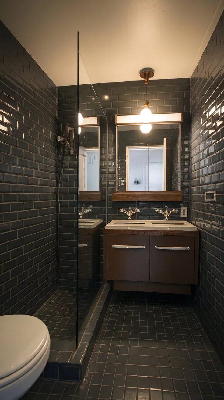 This compact mid-century modern bathroom proves that elegance doesn't require expansive square footage. The dark grey palette, punctuated by the warm glow of the light fixture above the double vanity, creates a moody and luxurious atmosphere. A sanctuary for quiet contemplation.
