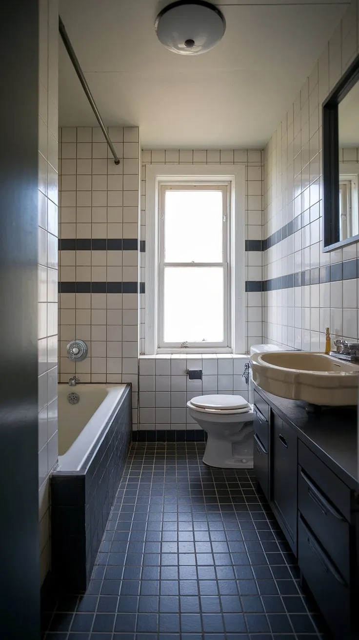 This small but perfectly formed bathroom proves that even a limited footprint can accommodate luxurious design. The dark grey fixtures and striped walls create a dramatic yet calming atmosphere, enhanced by the natural light streaming through the window. A testament to thoughtful design.