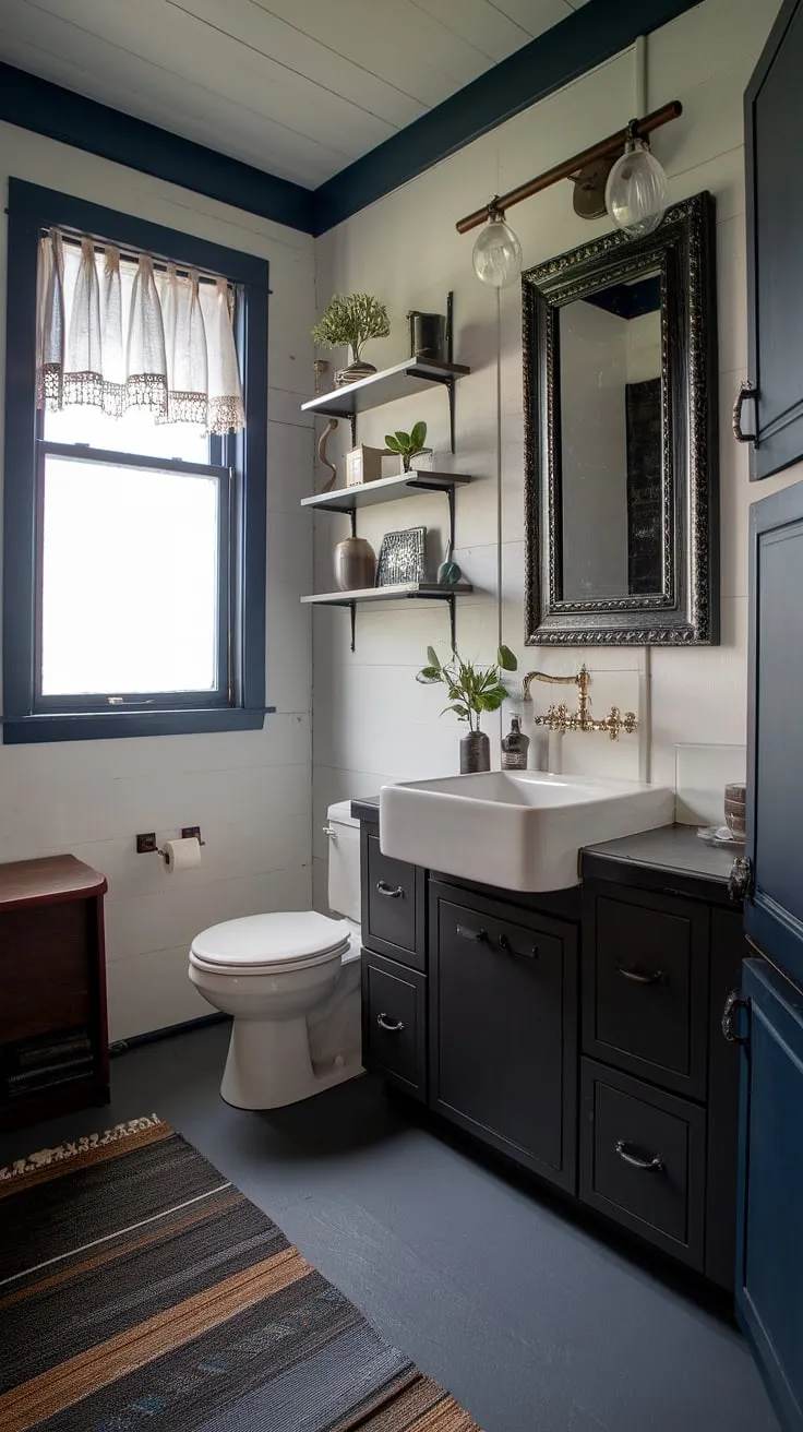 Dark, moody, and undeniably chic. This compact bathroom showcases the beauty of a minimalist mid-century design. The dark wood tones are balanced by the bright white sink and walls, creating a space that feels both luxurious and inviting. A testament to how impactful even small design choices can be.
