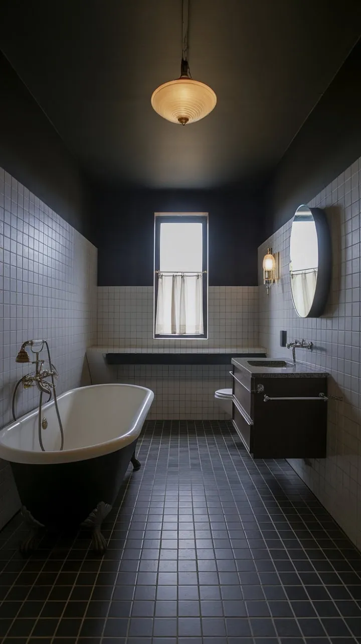 In this mid-century modern bathroom, dark grey tiles and sleek white fixtures harmoniously blend to create a chic sanctuary, featuring a freestanding tub and vintage lighting for a sophisticated retreat.