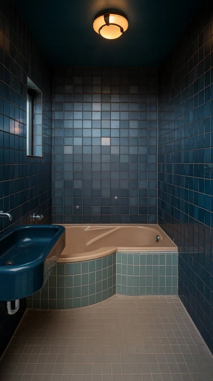 In this compact mid-century modern bathroom, dark blue glass tiles and a curved beige tub harmoniously unite to form a sophisticated sanctuary, enriched by captivating light and shadow.