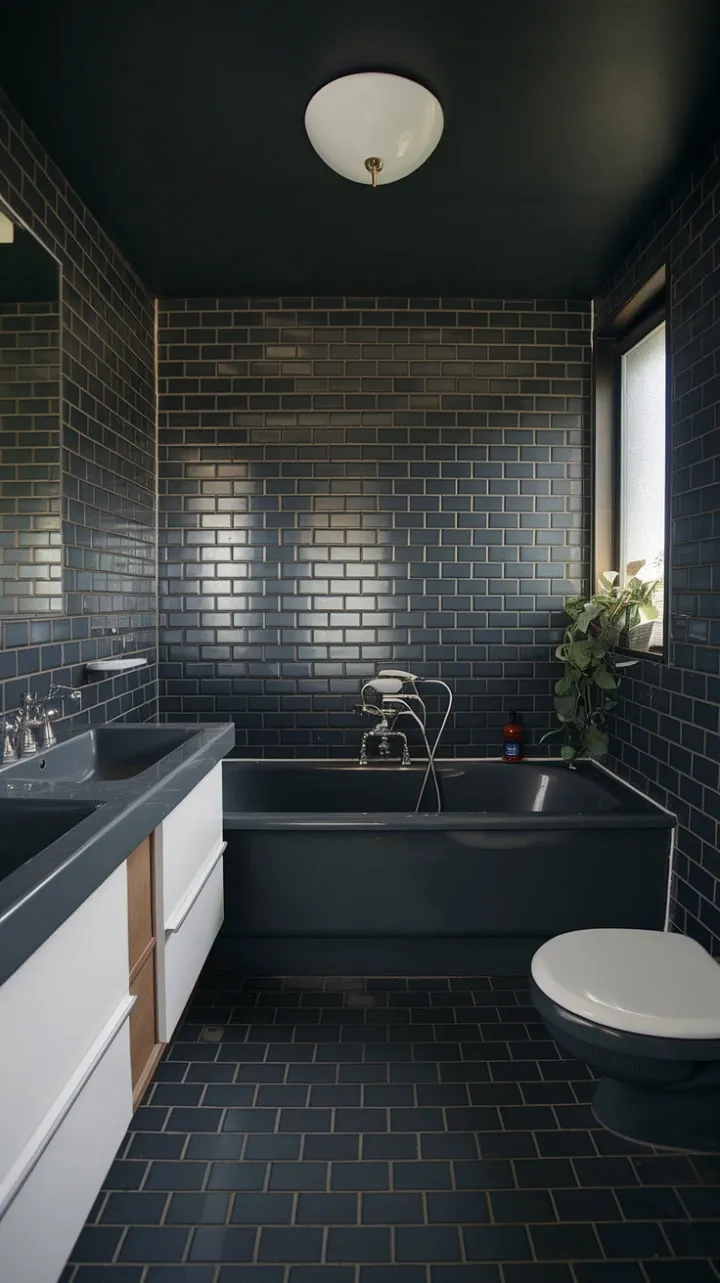 This intimate bathroom elegantly blends mid-century design with a striking dark grey and white palette, featuring a spacious tub as its centerpiece alongside a sleek double vanity, creating a serene retreat.