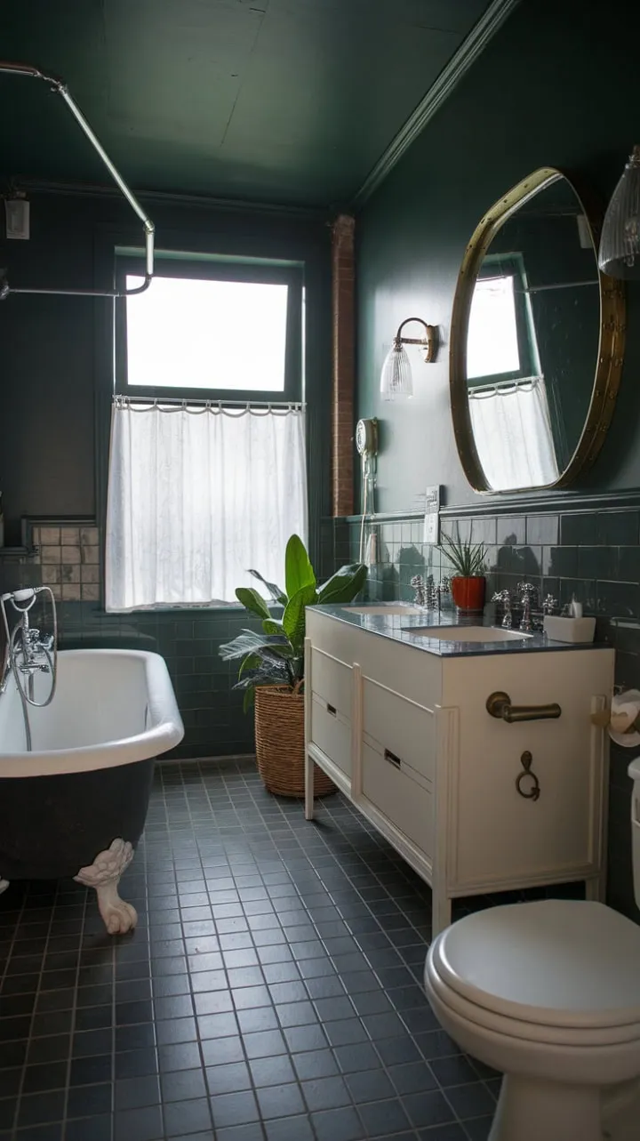 This stylish compact bathroom elegantly blends mid-century design with dark tones and bright white fixtures, enhanced by plants and a woven basket for a warm, luxurious feel.