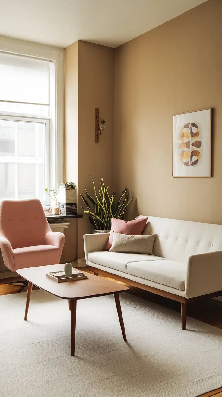 Sunlight streams into this mid-century modern apartment living room, illuminating the crisp white sofa and its warm wooden legs. A pop of pink from the armchair adds a playful touch to the otherwise neutral palette, creating a space that's both stylish and incredibly comfortable. The carefully curated details, from the plant in the corner to the textured rug underfoot, speak to a refined and effortlessly chic aesthetic. A sense of calm and understated elegance pervades the room.
