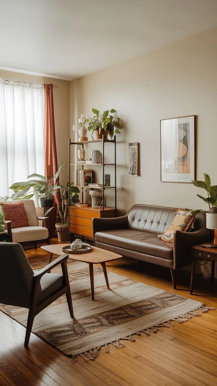 Sunlight streams through the window, illuminating the perfectly curated blend of mid-century modern furniture and bohemian accents in this cozy living room. The space feels effortlessly stylish, a testament to the power of thoughtful design and a touch of personal flair. A comfortable sofa invites relaxation, while a curated bookshelf and vibrant plants add personality.