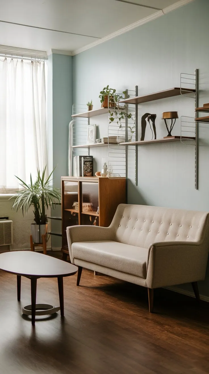 Mid-century modern living at its finest. The calming light blue walls, dark wood floors, and simple lines of the furniture create a space that's both stylish and incredibly inviting. A perfect blend of form and function, this room is a testament to timeless design.