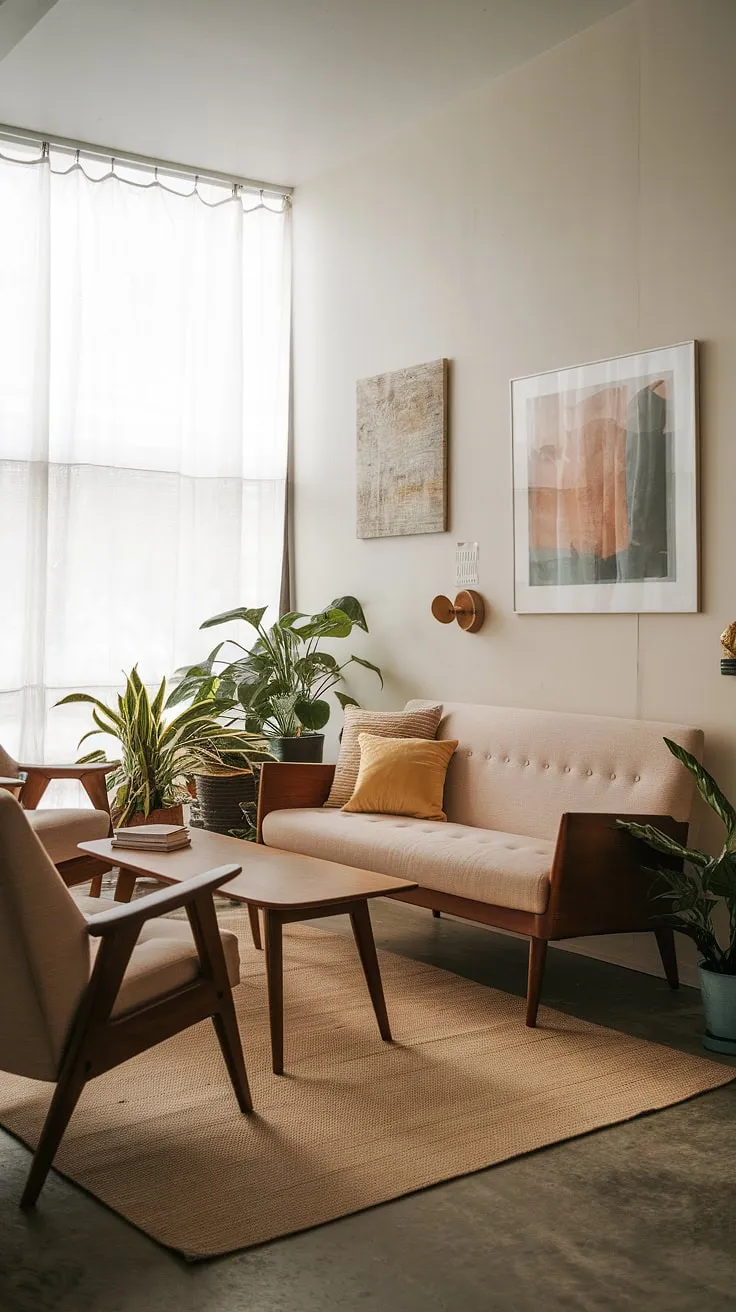 This mid-century modern haven is a testament to understated sophistication. The warm beige tones of the furniture, complemented by the natural wood accents and pops of green, create a serene and welcoming atmosphere. A space designed for comfortable living and cherished moments.