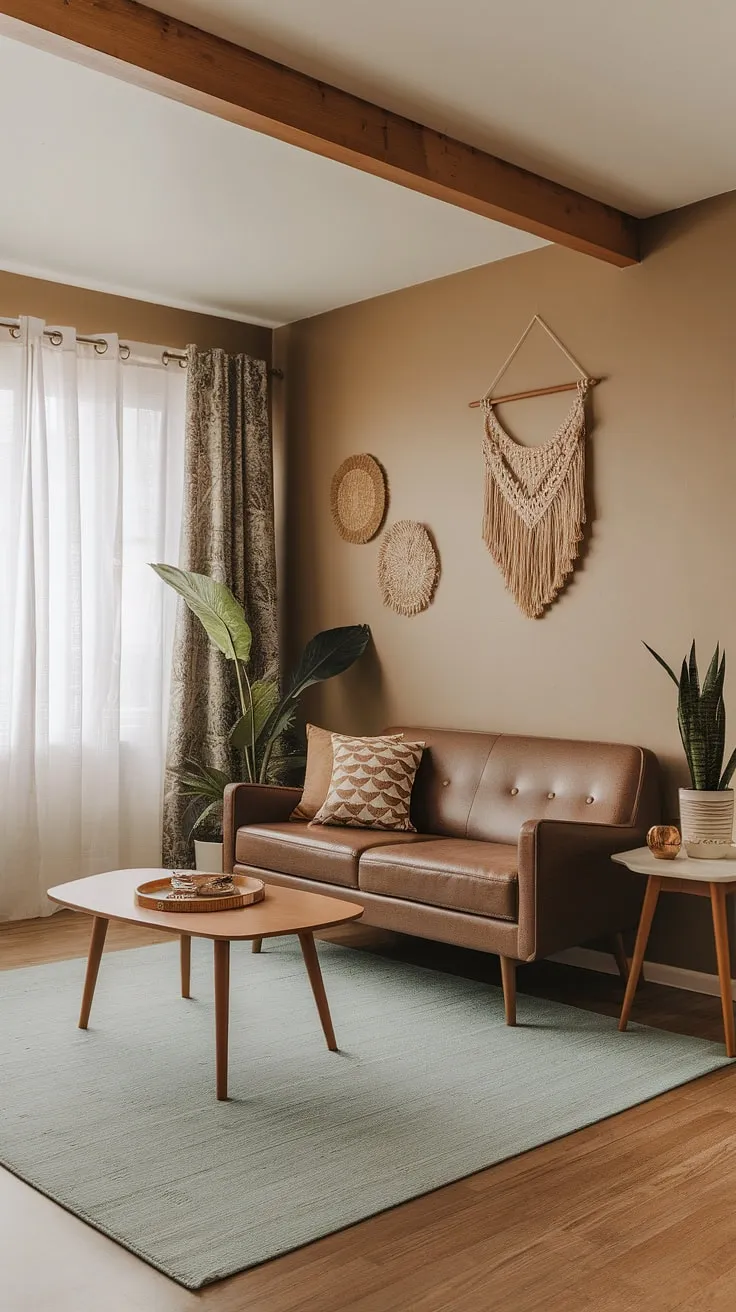 This small living room proves that big style doesn't require big space. The neutral beige walls are beautifully complemented by the pops of color from the rug and decorative accents. The carefully curated collection of furniture and plants creates a tranquil and stylish haven.