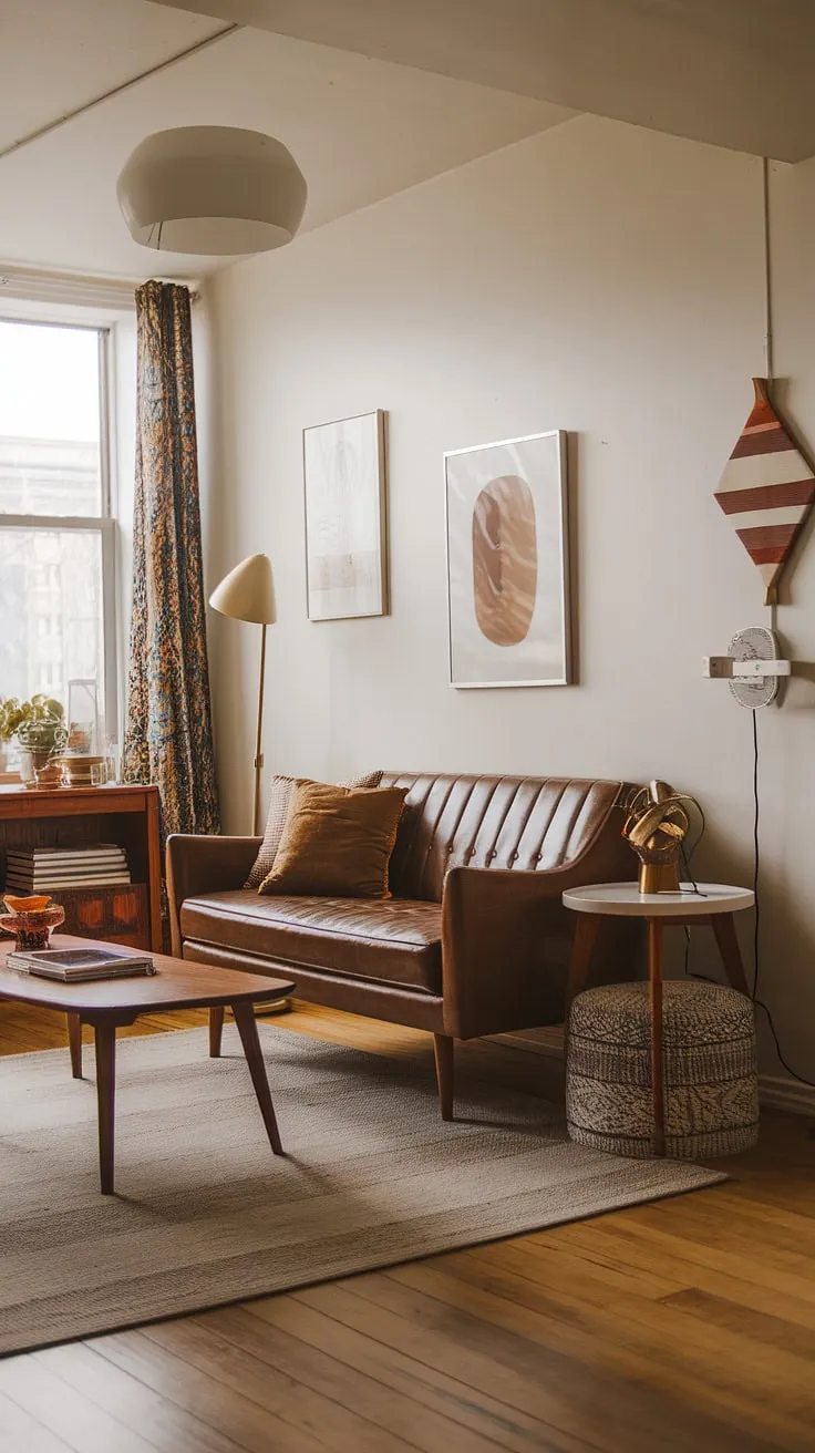 Cozy mid-century modern living, perfectly balanced with boho charm. The warm wood floors and eclectic artwork create a space that's both stylish and inviting. A perfect blend of vintage and contemporary.