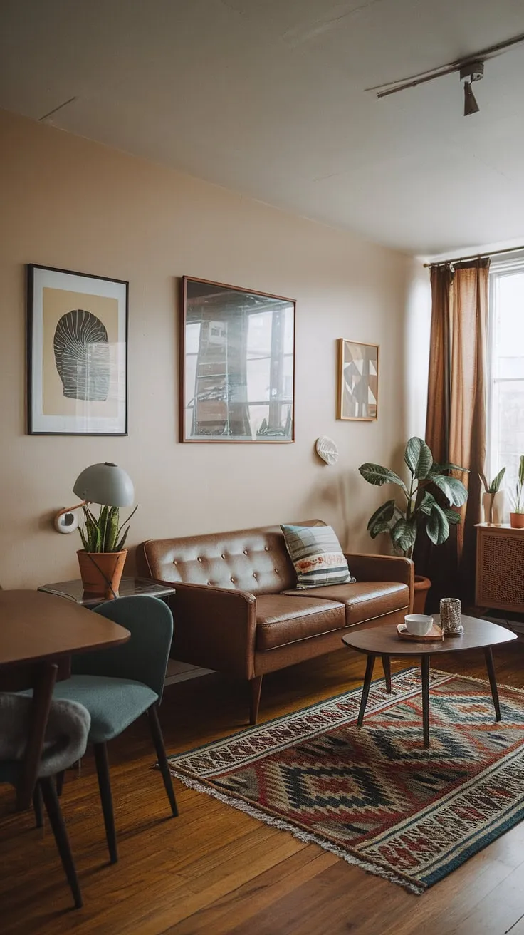 A haven of mid-century modern design. This small but perfectly formed living room showcases the beauty of simplicity. The warm tones of the wood, the vibrant rug, and the carefully chosen artwork create a space that is both stylish and inviting. A true testament to less is more.
