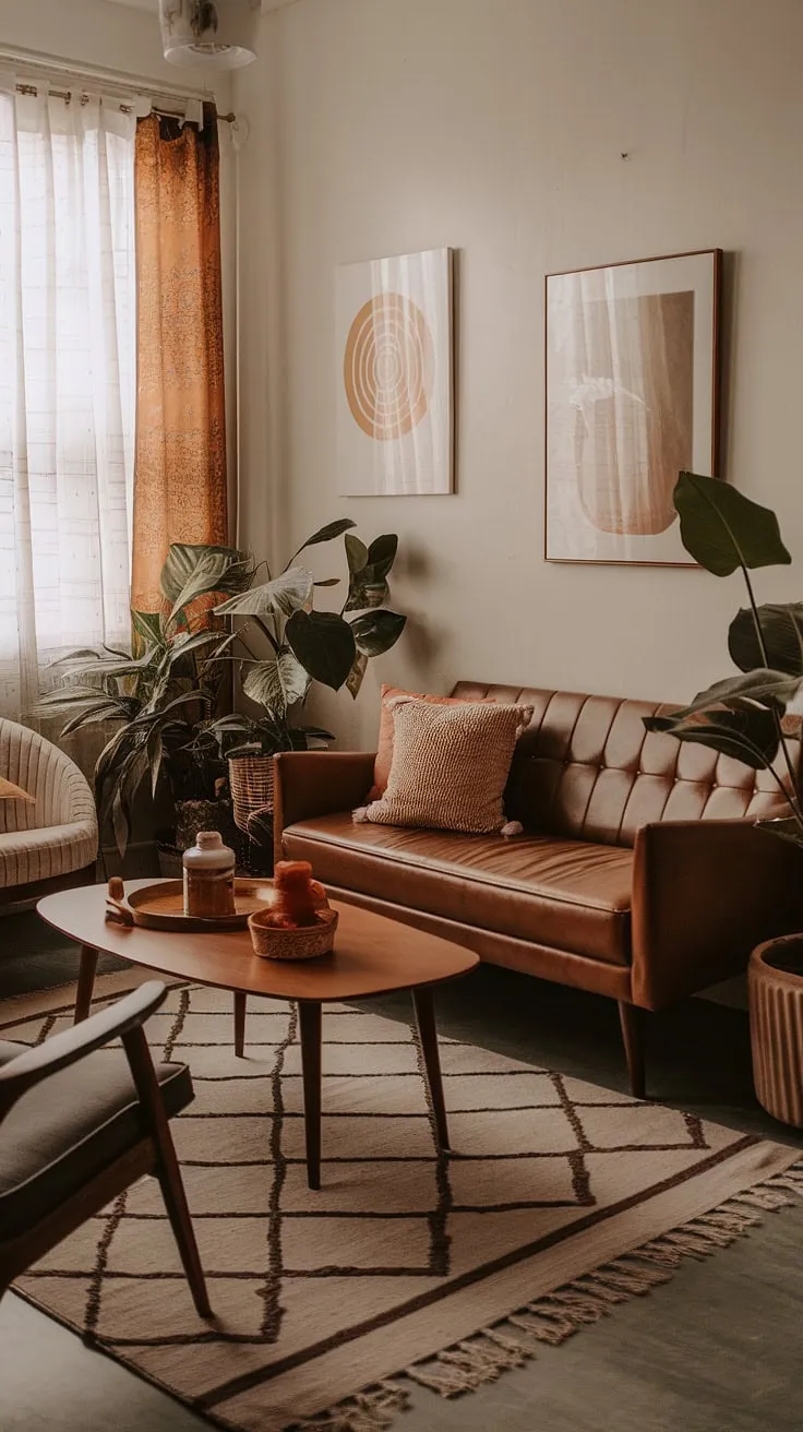 This small apartment living room proves that big style doesn't require a big space. A curated collection of mid-century furniture, bohemian textures, and pops of greenery create a welcoming and effortlessly stylish atmosphere. A haven of calm and personality, perfectly designed for relaxation and connection.