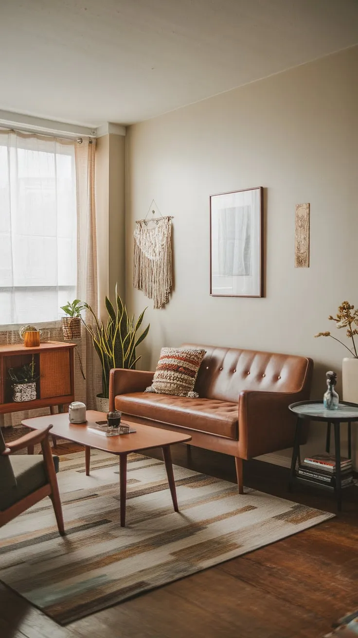 Cozy mid-century modern living, perfectly styled with a touch of boho. The warm light and carefully chosen details create a space that's both stylish and inviting. A perfect blend of vintage charm and modern comfort.
