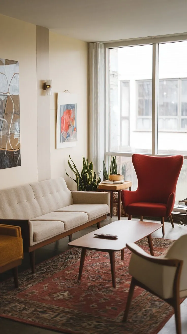 Bathed in sunlight, this mid-century modern living room exudes a calm sophistication. The interplay of textures-from the plush beige sofa to the smooth wood of the coffee table-creates a space that's both inviting and stylish. A pop of red adds a vibrant accent, while the carefully curated artwork and potted plant complete the scene, showcasing a refined aesthetic.