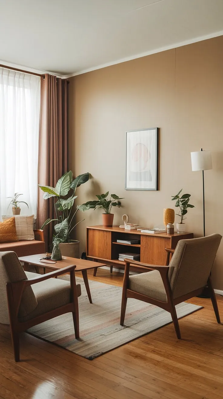 This cozy apartment living room proves that small spaces can be incredibly stylish. A curated collection of mid-century furniture, punctuated by pops of greenery, creates a sophisticated and inviting ambiance. A perfect blend of form and function. A haven of tranquility.