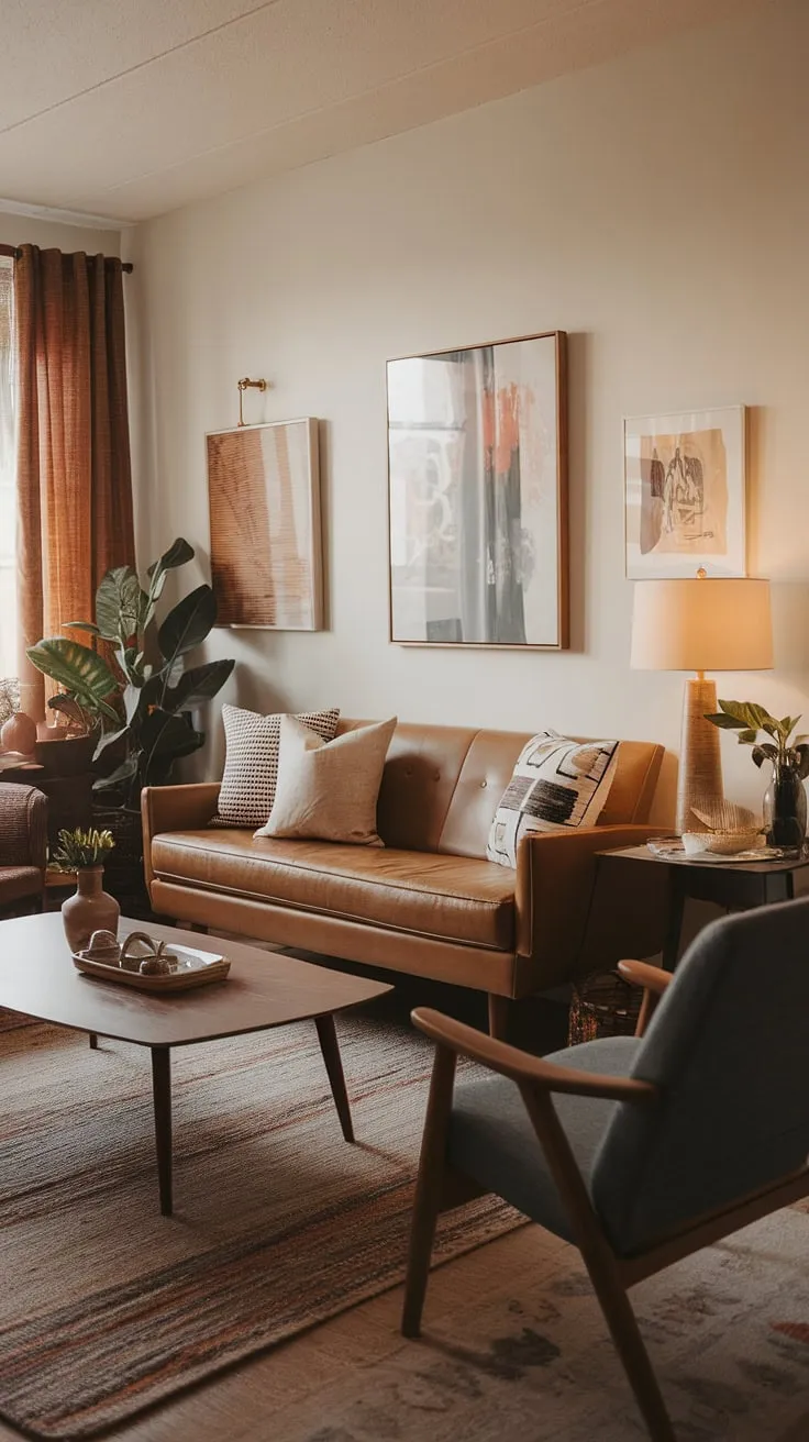 Mid-century modern meets boho chic in this cozy living room. The warm lighting and carefully curated details, from the vintage lamp to the lush potted plant, create a space that's both stylish and inviting. A perfect blend of textures and patterns makes this room a haven for relaxation.