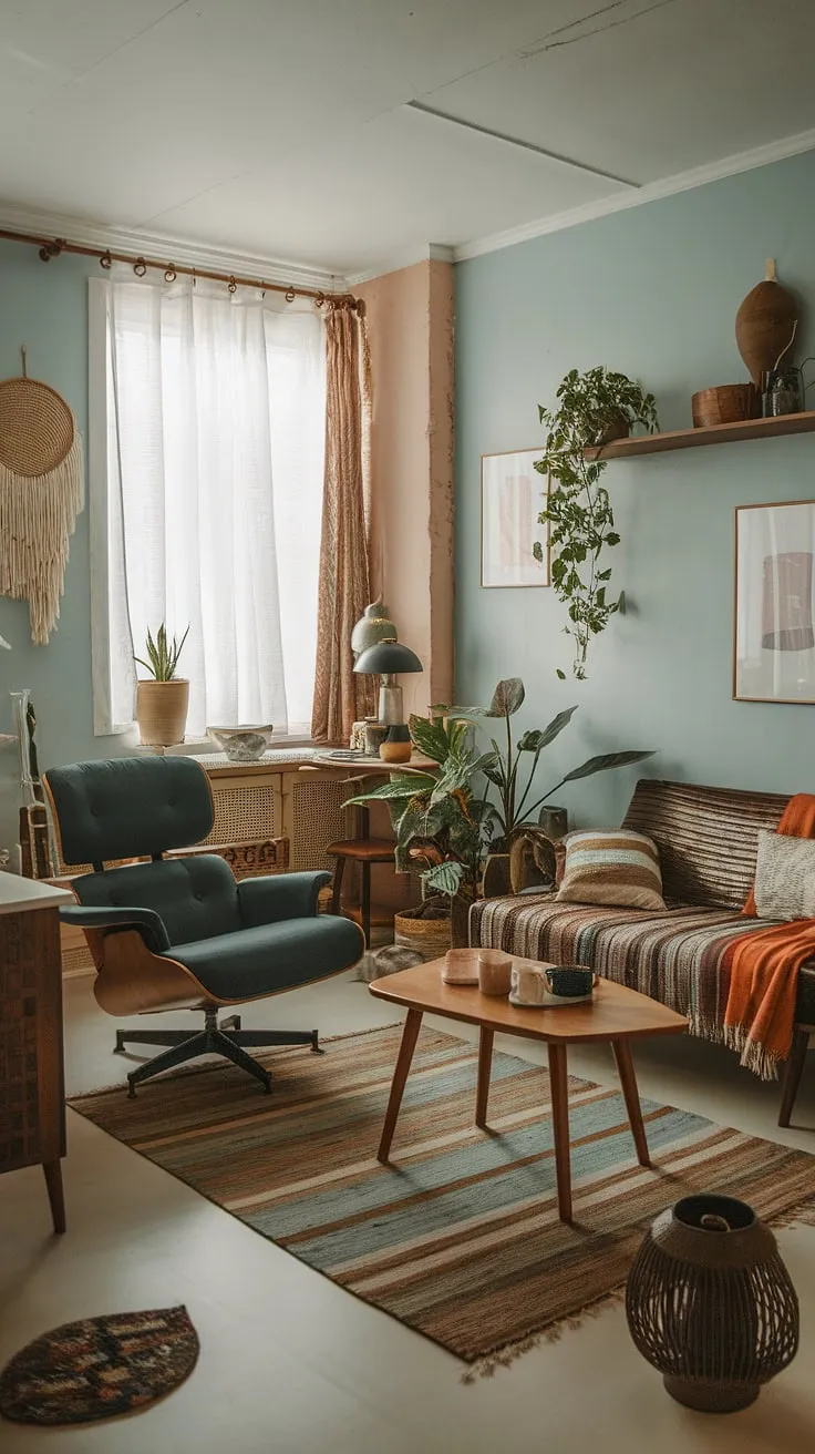 Mid-century modern meets boho chic in this cozy apartment living room. The light blue walls and warm wood tones create a serene atmosphere, perfectly complemented by the comfy lounge chair and eclectic décor. A touch of nature, courtesy of the thriving plant, adds to the inviting ambiance. This space is a testament to how a small footprint can feel incredibly spacious and stylish.
