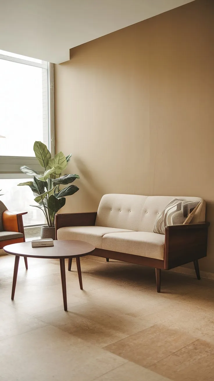 A sanctuary of serenity. This small but perfectly formed living room showcases the beauty of simplicity. The beige tones create a soothing atmosphere, while the mid-century modern furniture adds a touch of timeless style. A space designed for relaxation and quiet contemplation.