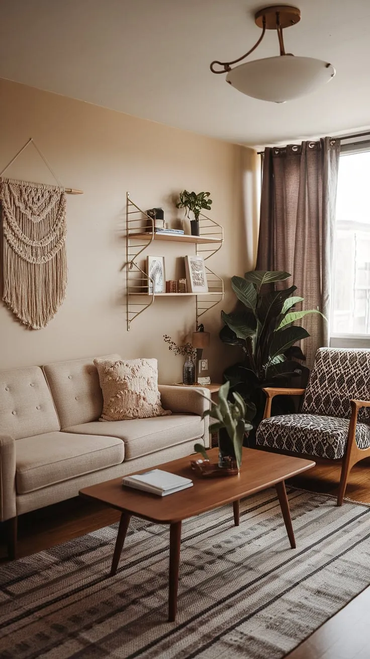 This small living room proves that big style doesn't require a big space. The carefully curated mix of mid-century furniture, bohemian textiles, and a few well-chosen plants creates a haven of tranquility and personality. The neutral color scheme allows the textures and patterns to shine, resulting in a space that is both stylish and incredibly comfortable.